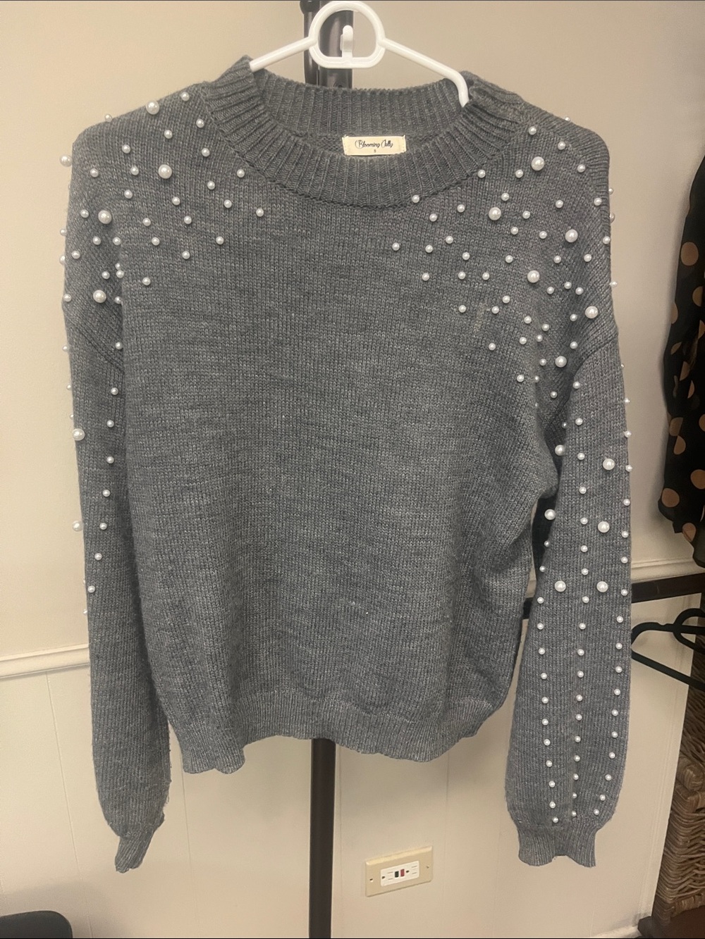 Beaded Pearl Crewneck Sweater in Grey by Blooming Jelly